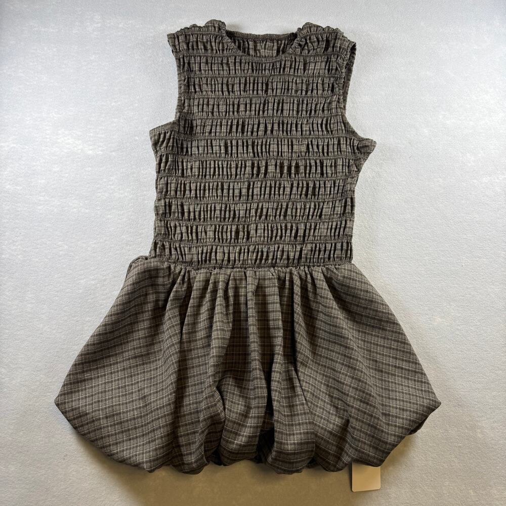 NWT Musera Plaid smocked bubble skirt mini dress - brown sleeveless preppy sz M